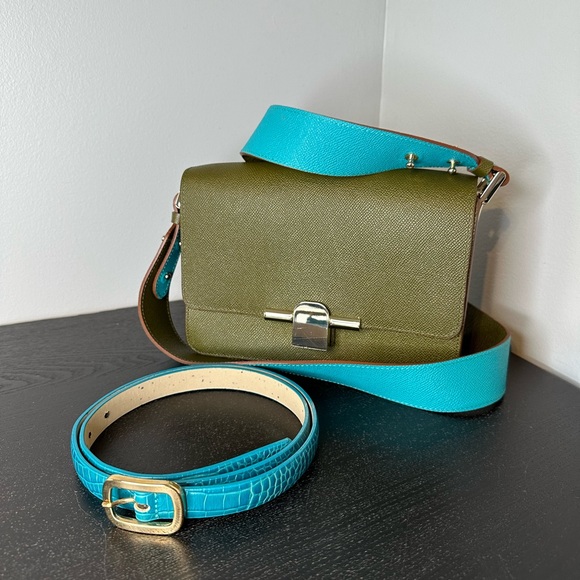 Massimo Dutti Handbags - MASSIMO DUTTI GENUINE LEATHER CROSSBODY BAG and BELT Turquoise / Khaki Green